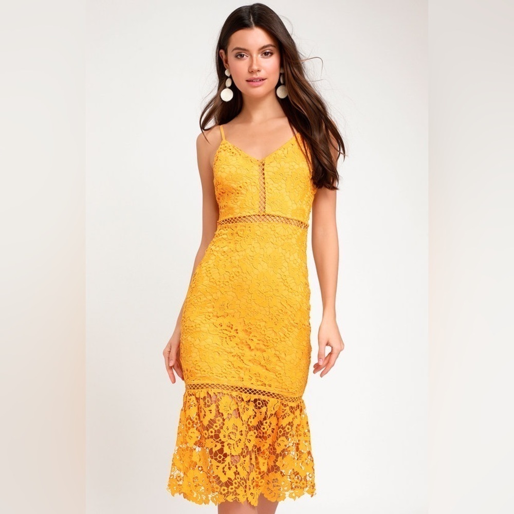 Lulu’s Taliah Golden Yellow Lace MIDI Dress NEW Size XS